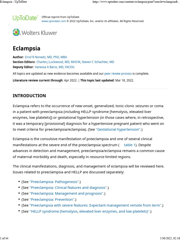 Eclampsia: Diagnosis and Management Guide | PDF | Blood Pressure ...