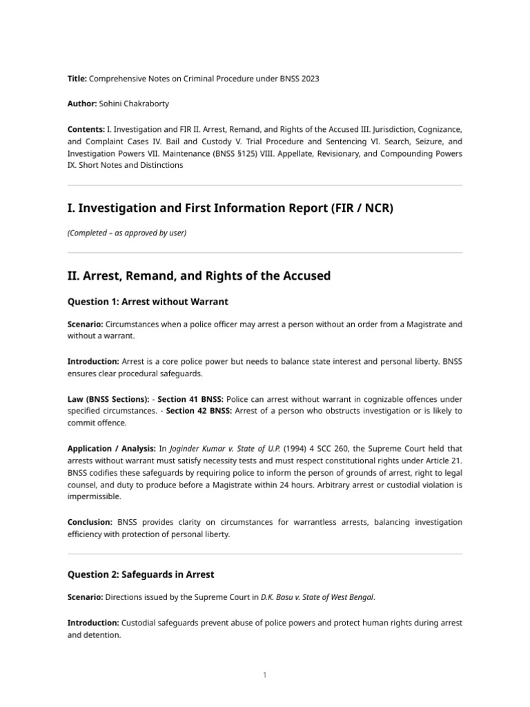 BNSS 2023: Criminal Procedure Notes | PDF | Arrest | Search Warrant