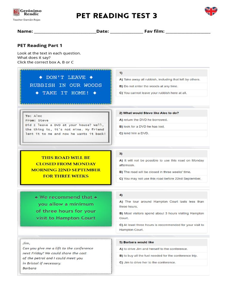 PET Reading Test Practice Guide | PDF