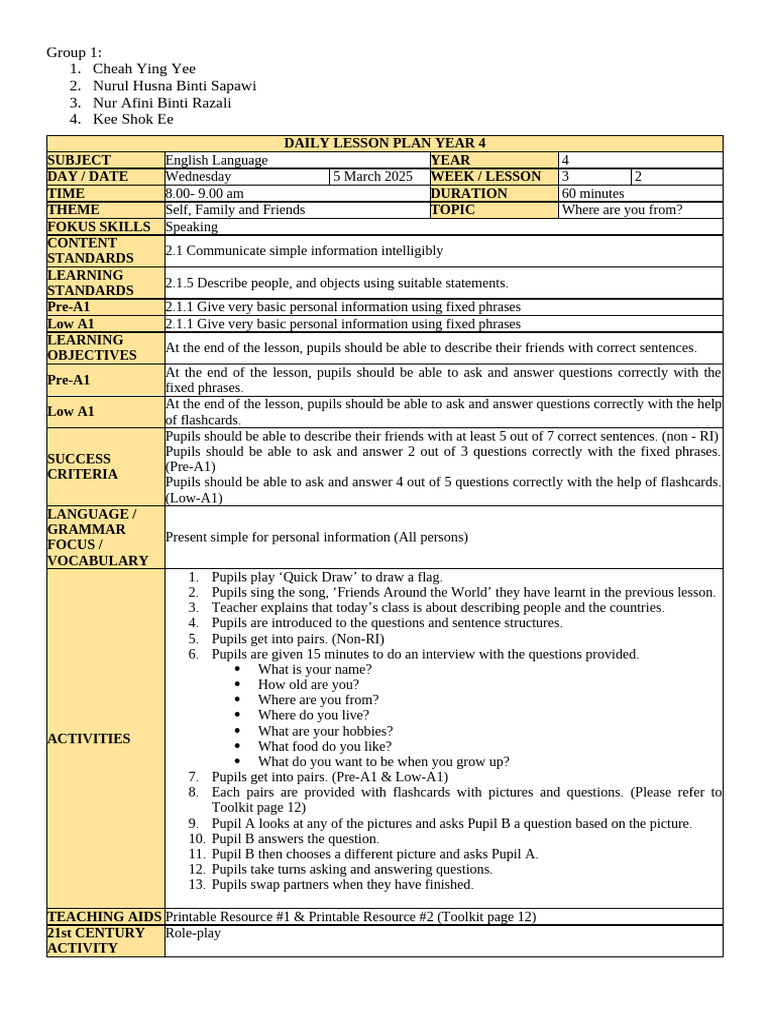 Daily Lesson Plan Year 4 Room 1 | PDF | Human Communication | Learning