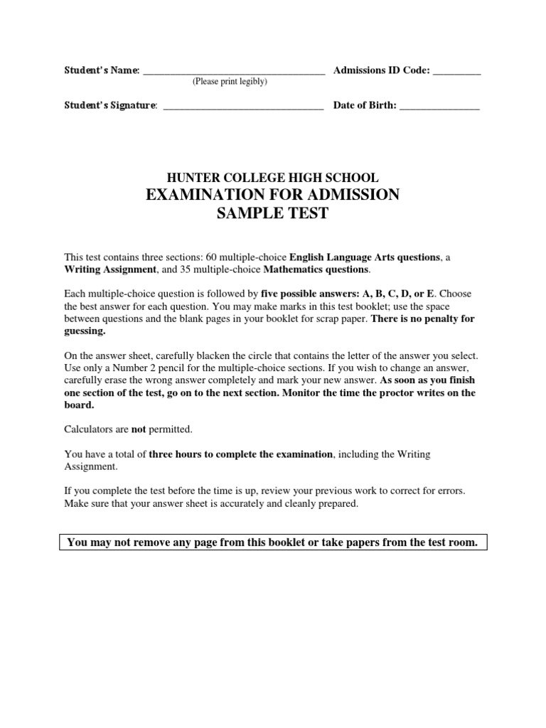 Hunter College High School Sample Entrance Exam | PDF | Multiple Choice |  Question