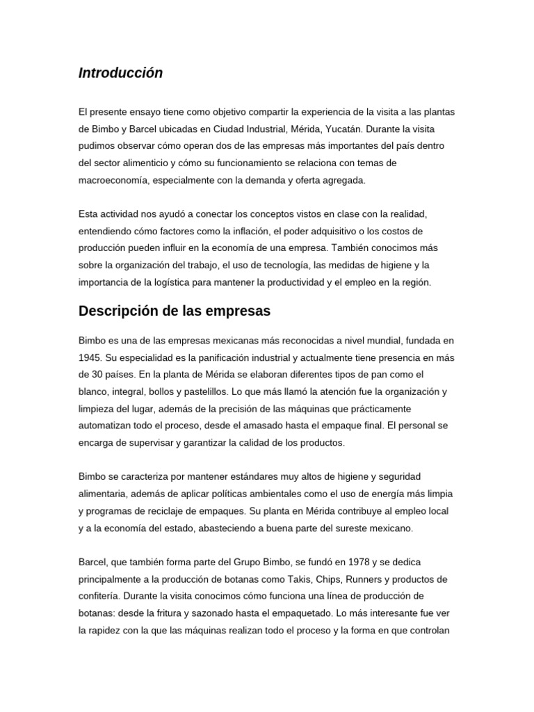 Visita a Bimbo y Barcel en Mérida | PDF | Oferta (economía) | Inflación