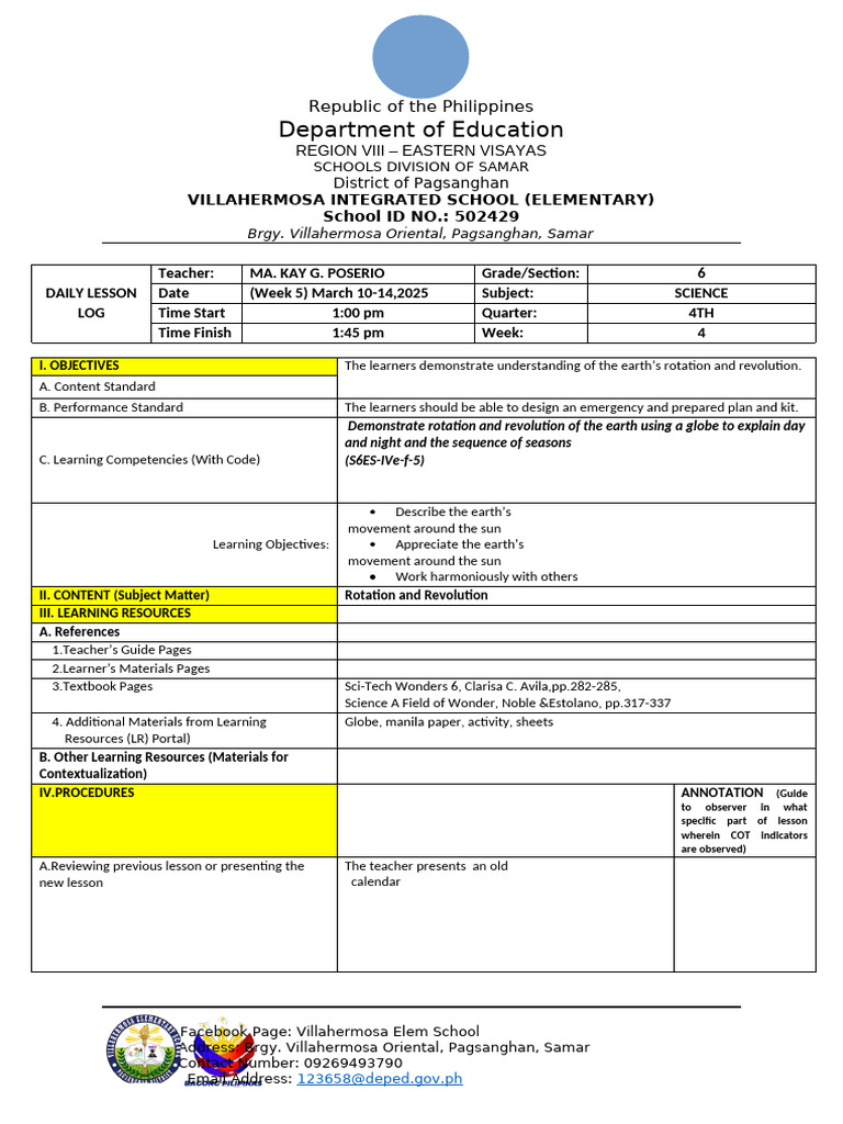 Grade 6 Science Daily Lesson Log | PDF | Rotation | Earth