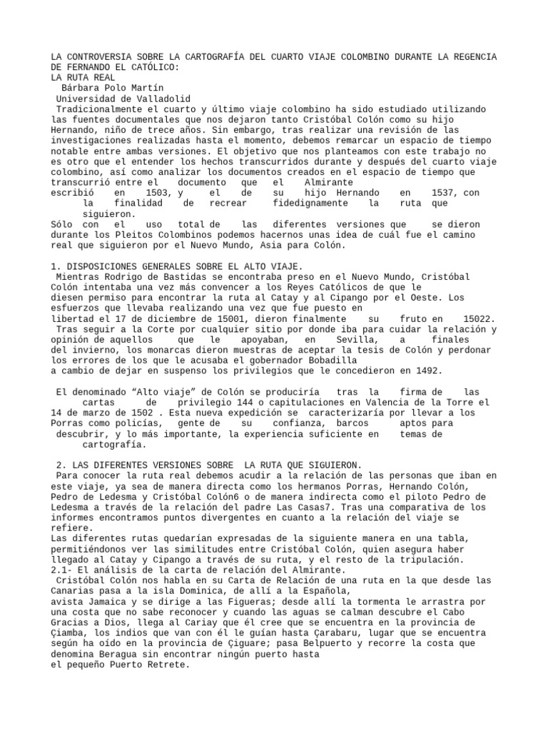 Ruta del Cuarto Viaje de Colón | PDF | Cristobal colon | Antiguas ...