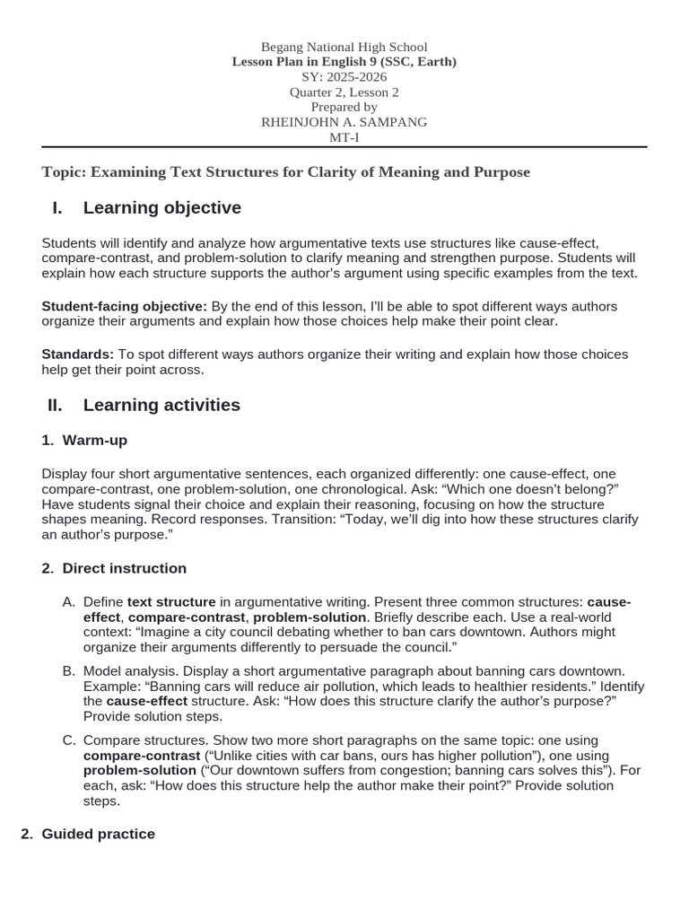 Analyzing Text Structures in Argumentative Writing | PDF | Behavior ...
