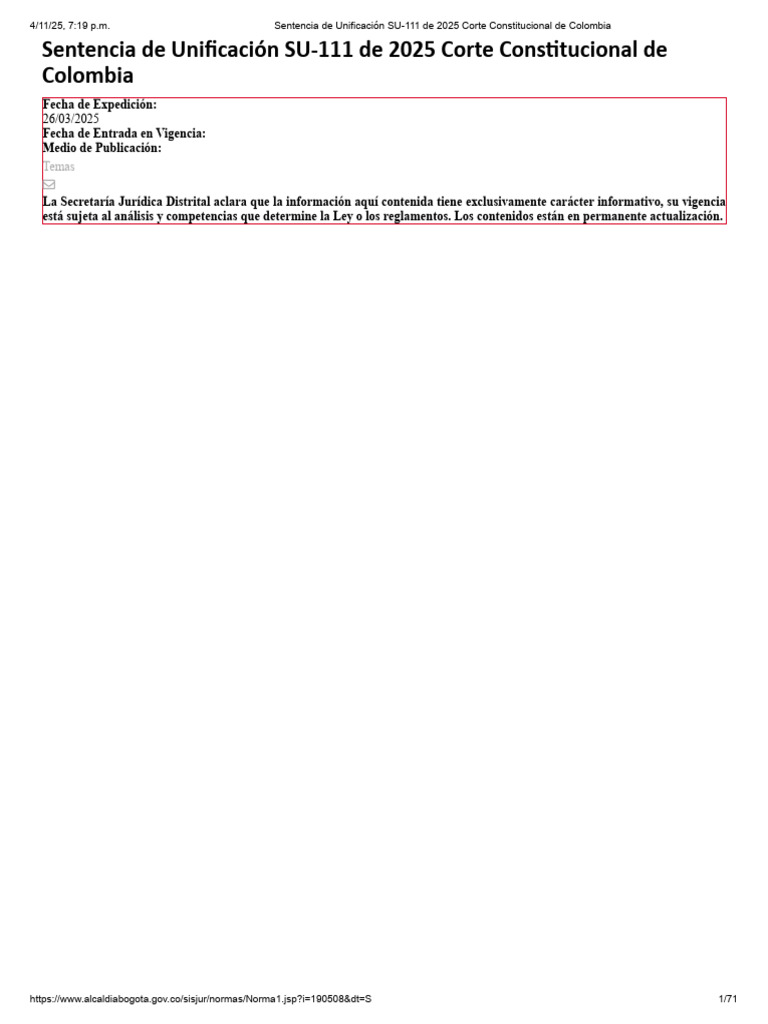 Sentencia SU-111 de 2025 Corte Constitucional de Colombia | PDF