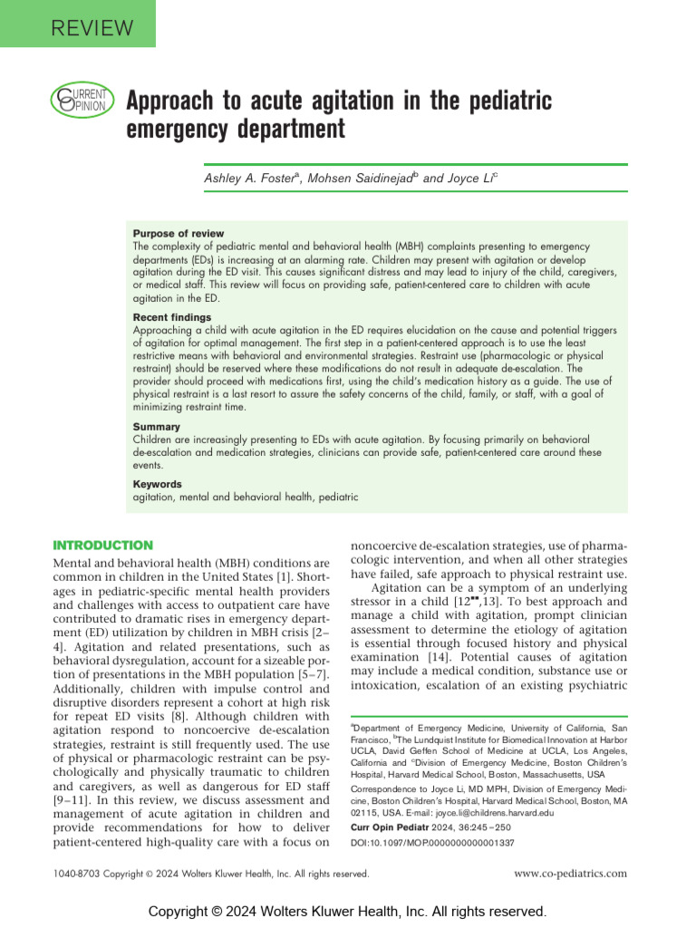 Managing Pediatric Acute Agitation in ED | PDF | Antipsychotic | Olanzapine