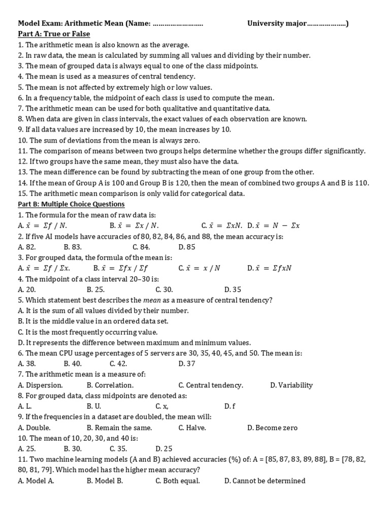 Arithmetic Mean Exam Questions and Answers | PDF | Mean | Arithmetic Mean