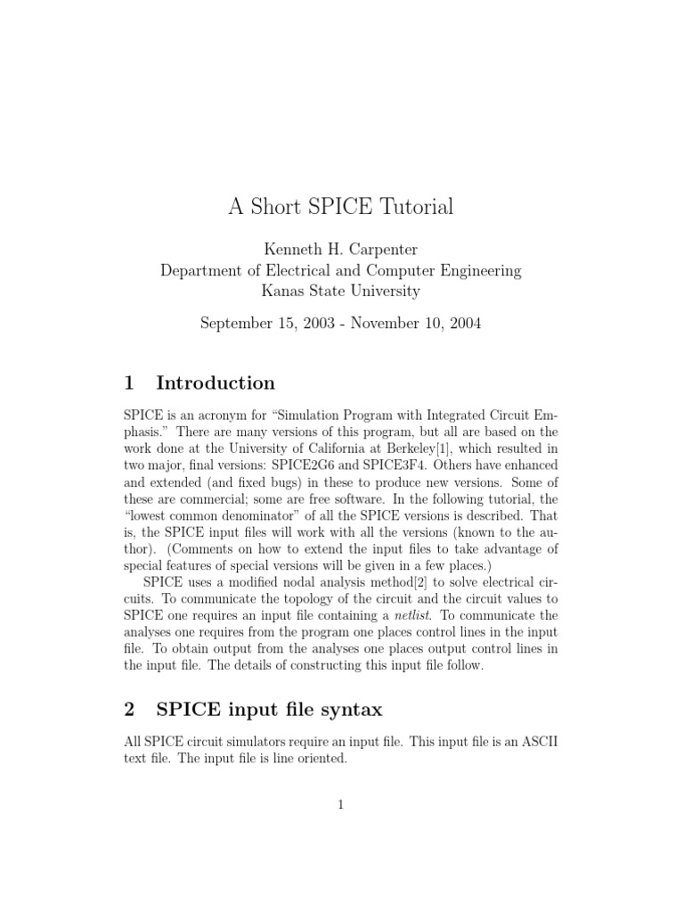KSU Short Spice Tutorial | PDF | Spice | Bipolar Junction Transistor
