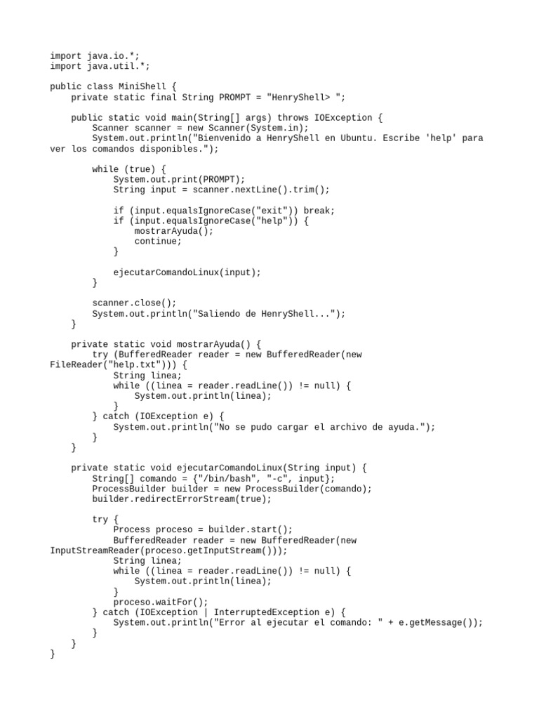 Java MiniShell for Linux Commands | PDF
