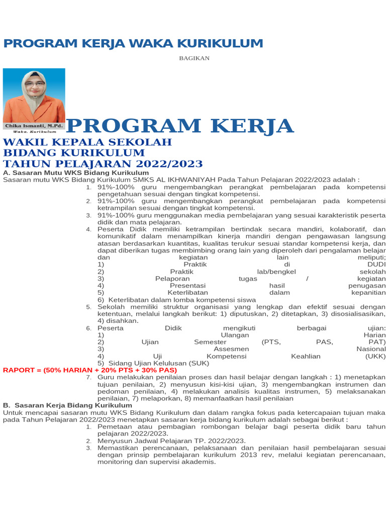 Program Kerja Waka Kurikulum 2022/2023 | PDF