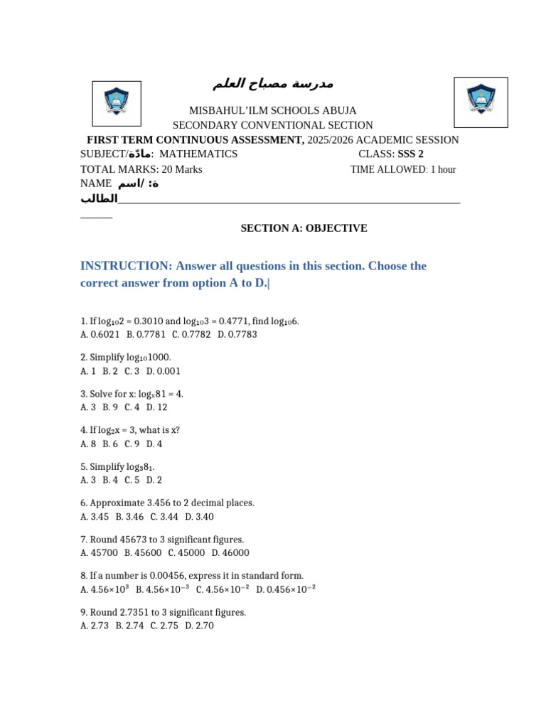 SSS 2 Mathematics Assessment 2025/2026 | PDF