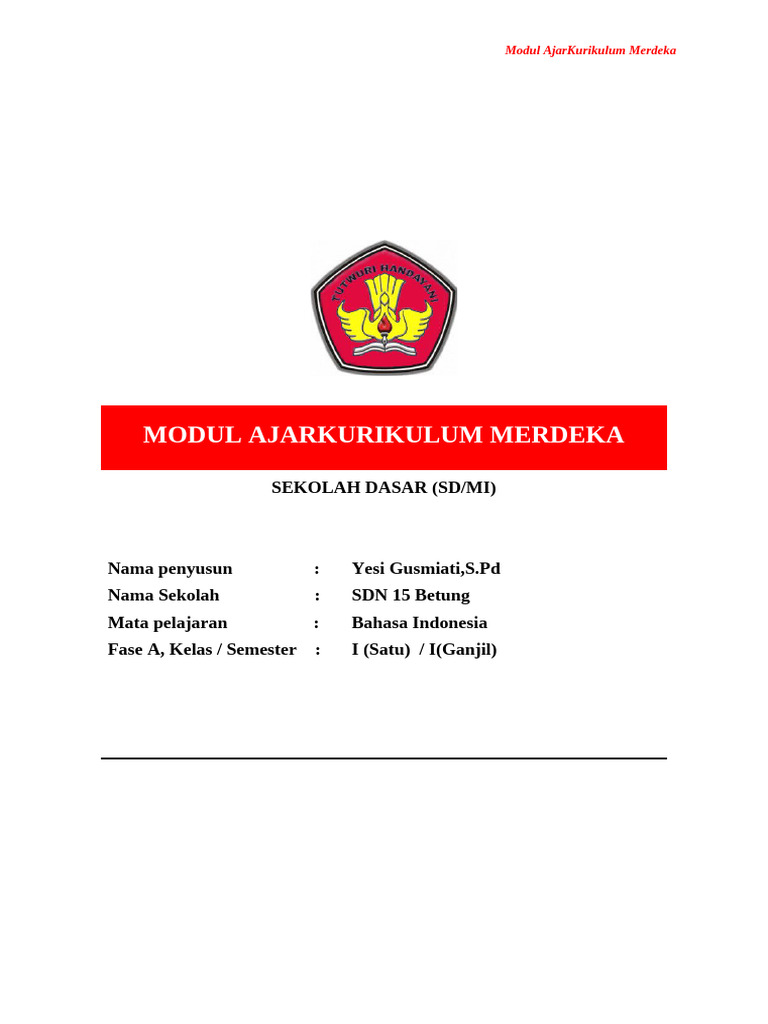 Modul Ajar Bahasa Indonesia Kelas 1 SD | PDF
