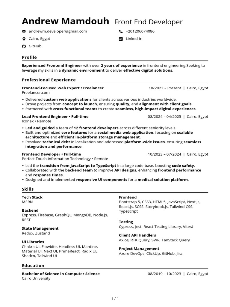 Frontend Developer Profile: Andrew Mamdouh | PDF | Computing | Software ...