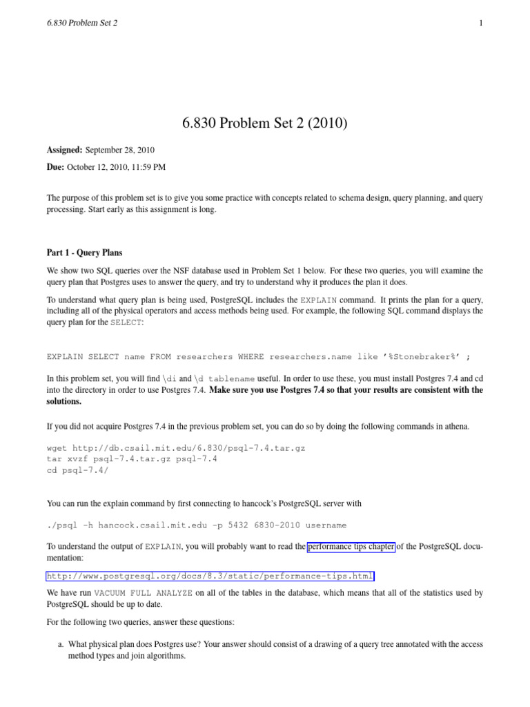 6.830 Problem Set 2: Query Plans & Access Methods | PDF | Postgre Sql ...