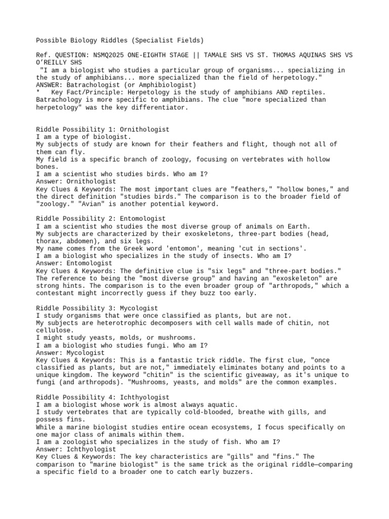 Possible Biology Riddles (Specialist Fields) | PDF | Embryo | Fungus