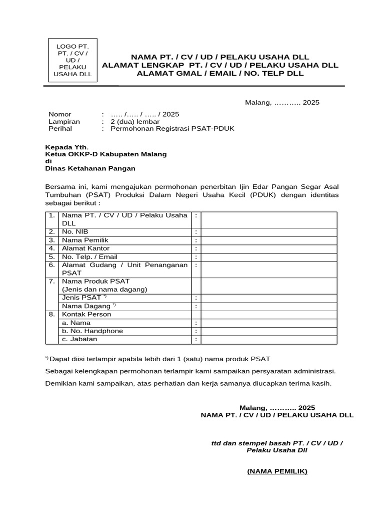 Permohonan Izin Edar PSAT PDUK Malang | PDF