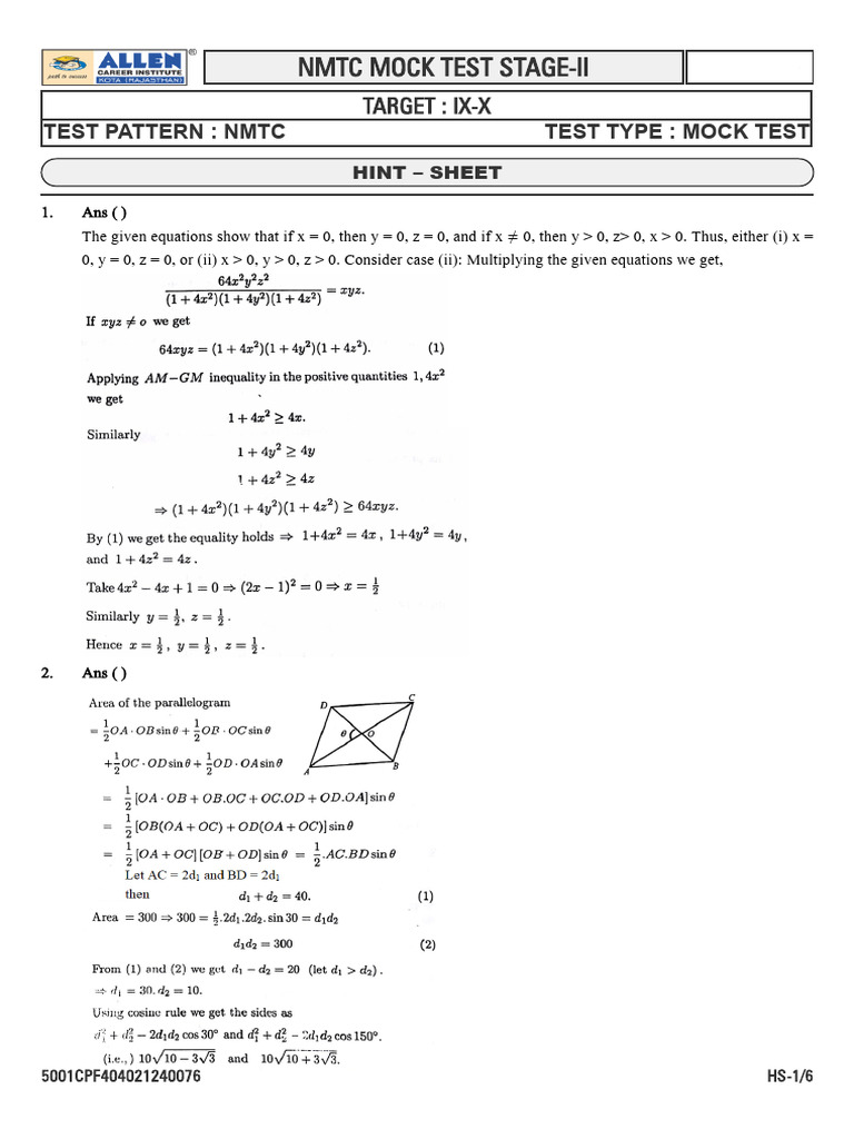 NMTC Stage-II Mock Test for IX-X | PDF