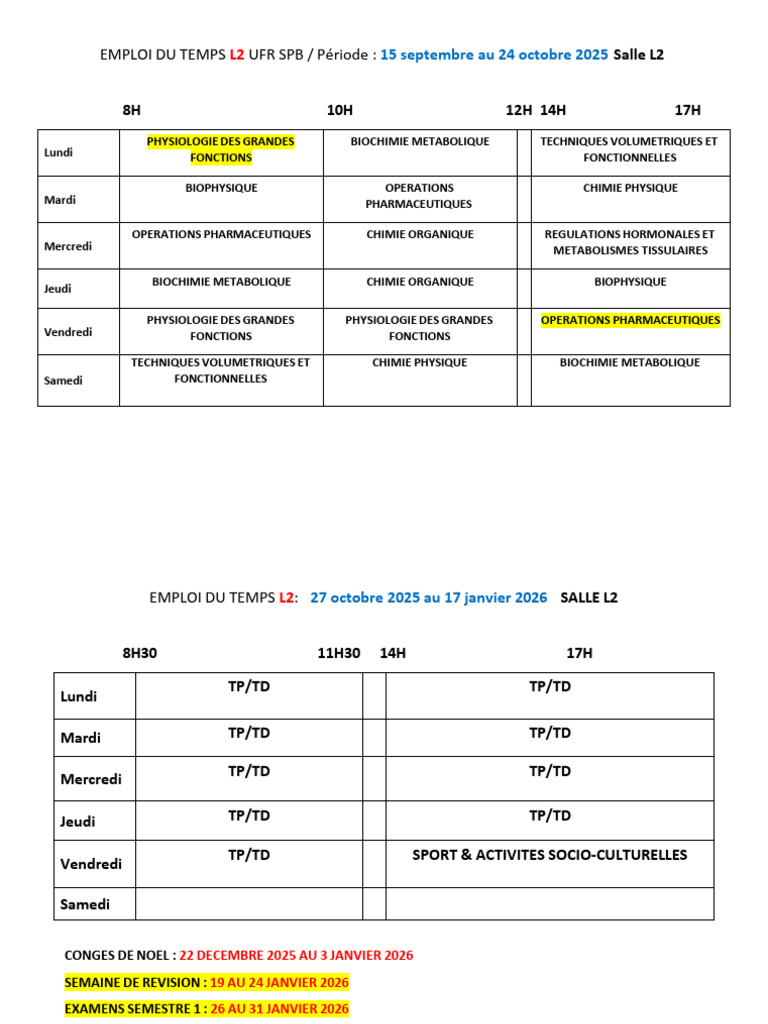Emploi du Temps L2 UFR SPB 2025-2026 | PDF