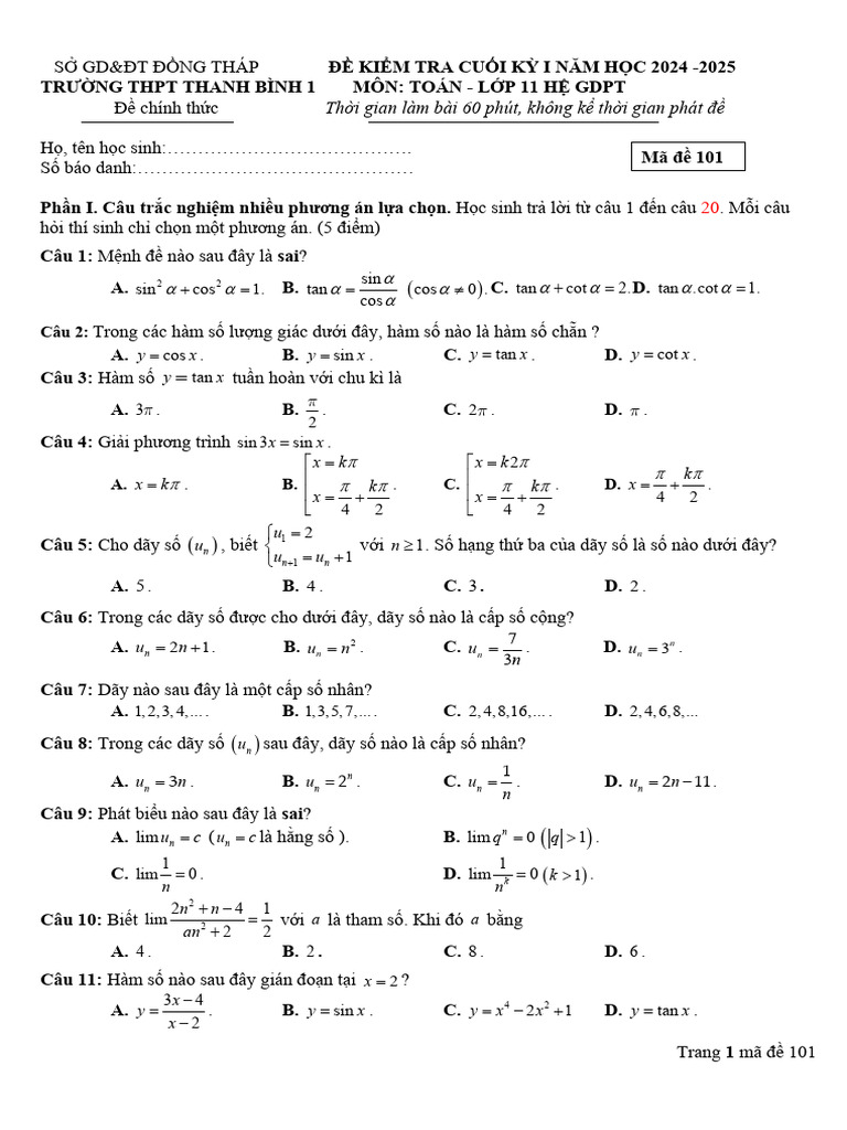De Cuoi Ky 1 Toan 11 Nam 2024 2025 Truong THPT Thanh Binh 1 Dong Thap | PDF
