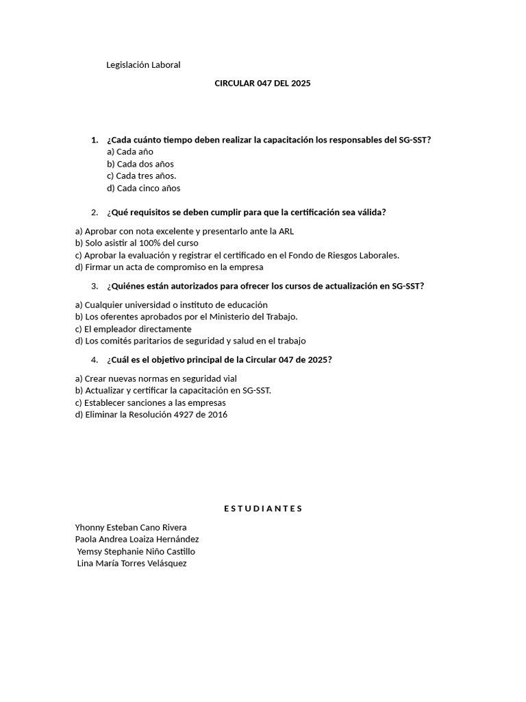 Circular 047 de 2025: Capacitación SG-SST | PDF