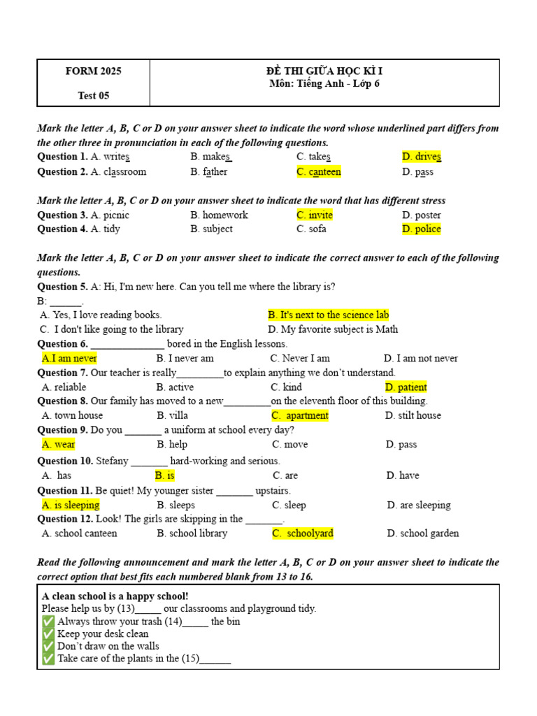 English Test for 6th Grade Students | PDF