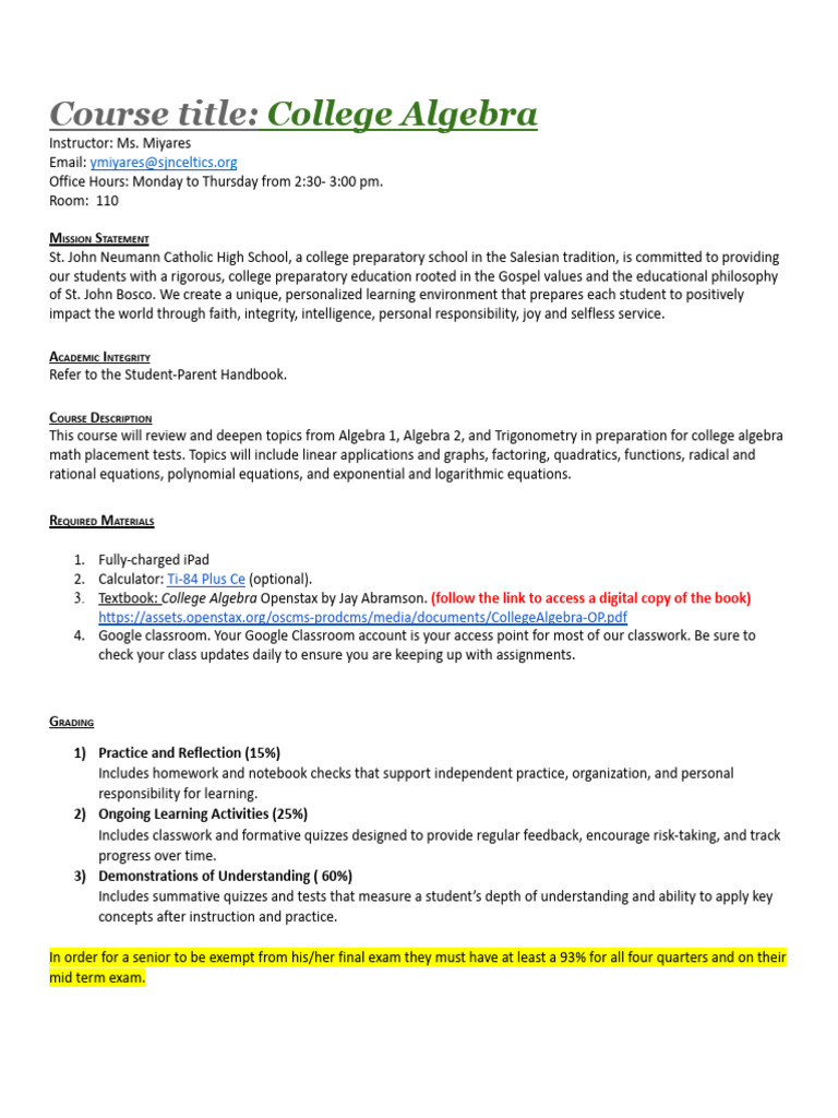 College Algebra Course Syllabus | PDF | Algebra | Homework