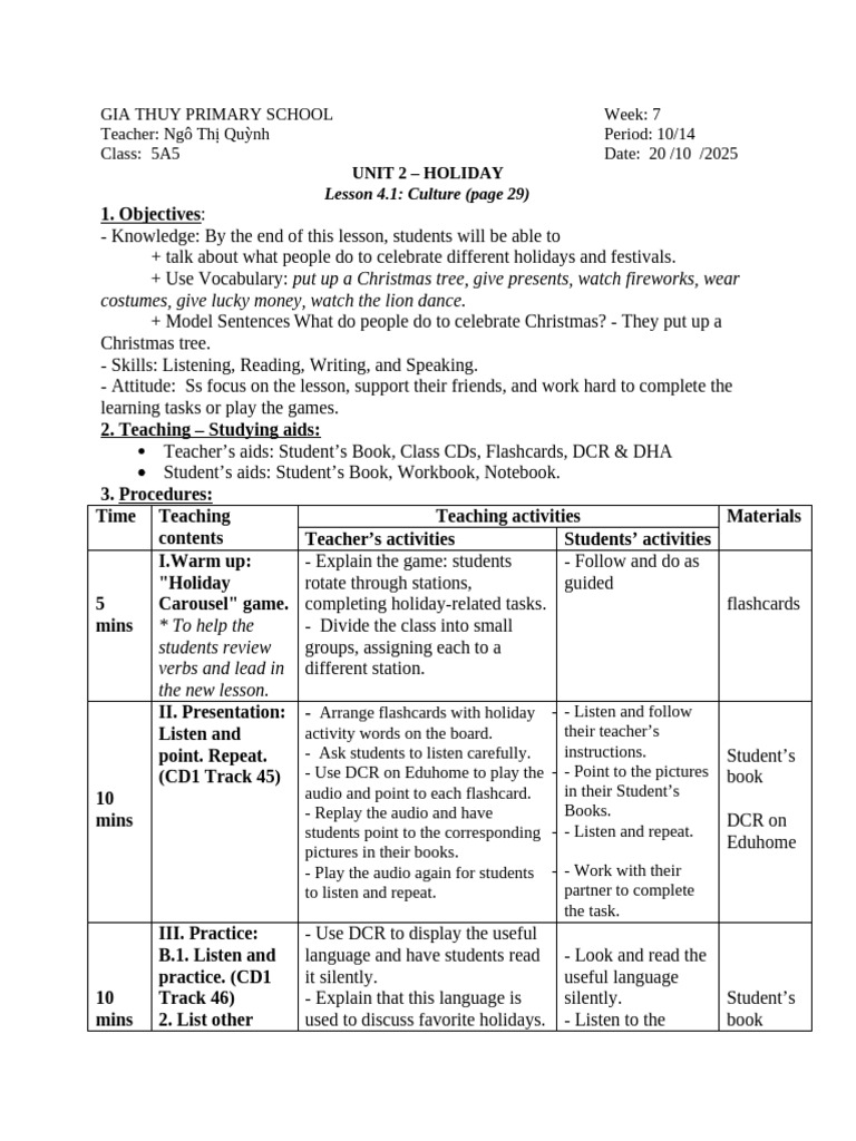 Holiday Culture Lesson Plans for 5A5 | PDF | Human Communication ...