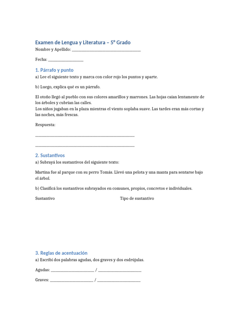Examen Lengua y Literatura 5to Grado | PDF