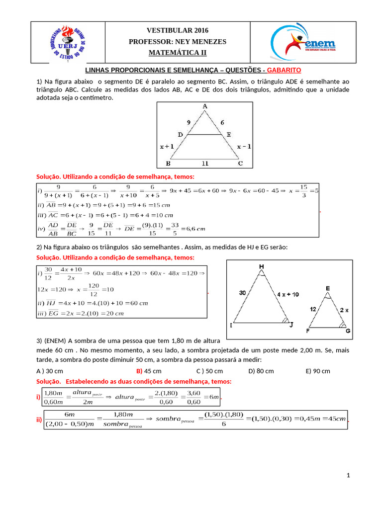 Questões de Semelhança em Triângulos | PDF | Triângulo | Geometria ...