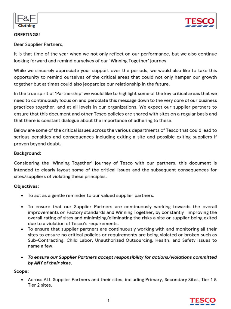 Tesco Supplier Compliance Guidelines | PDF | Tesco