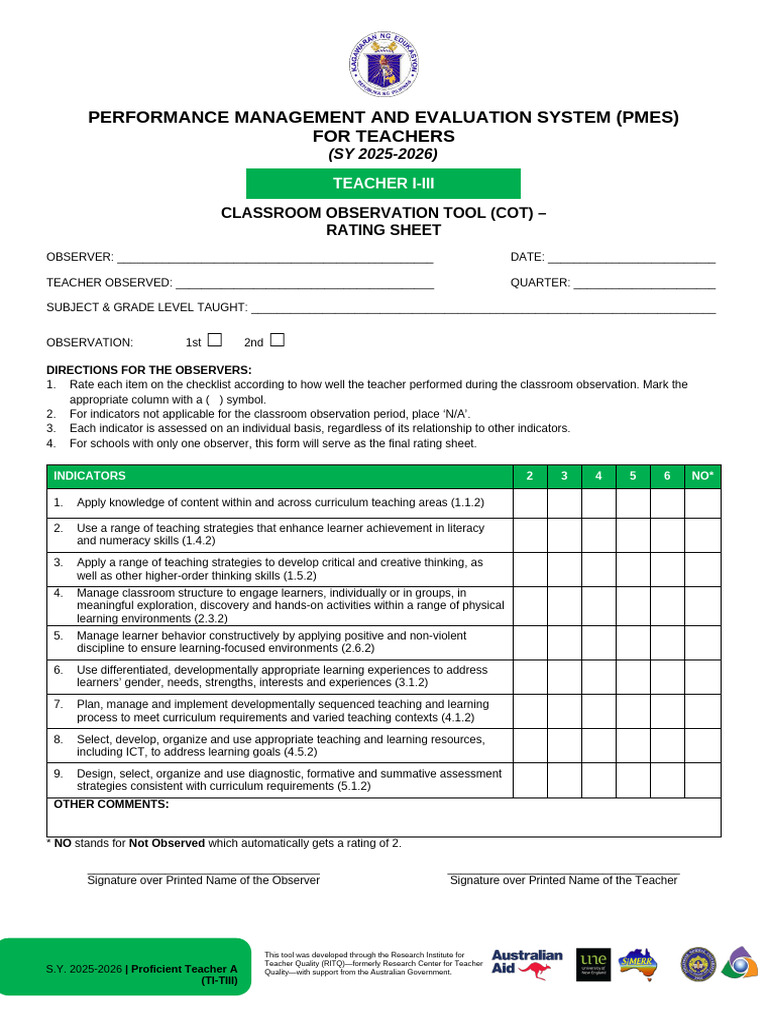 PMES Classroom Observation Tool 2025-2026 | PDF | Teachers | Curriculum