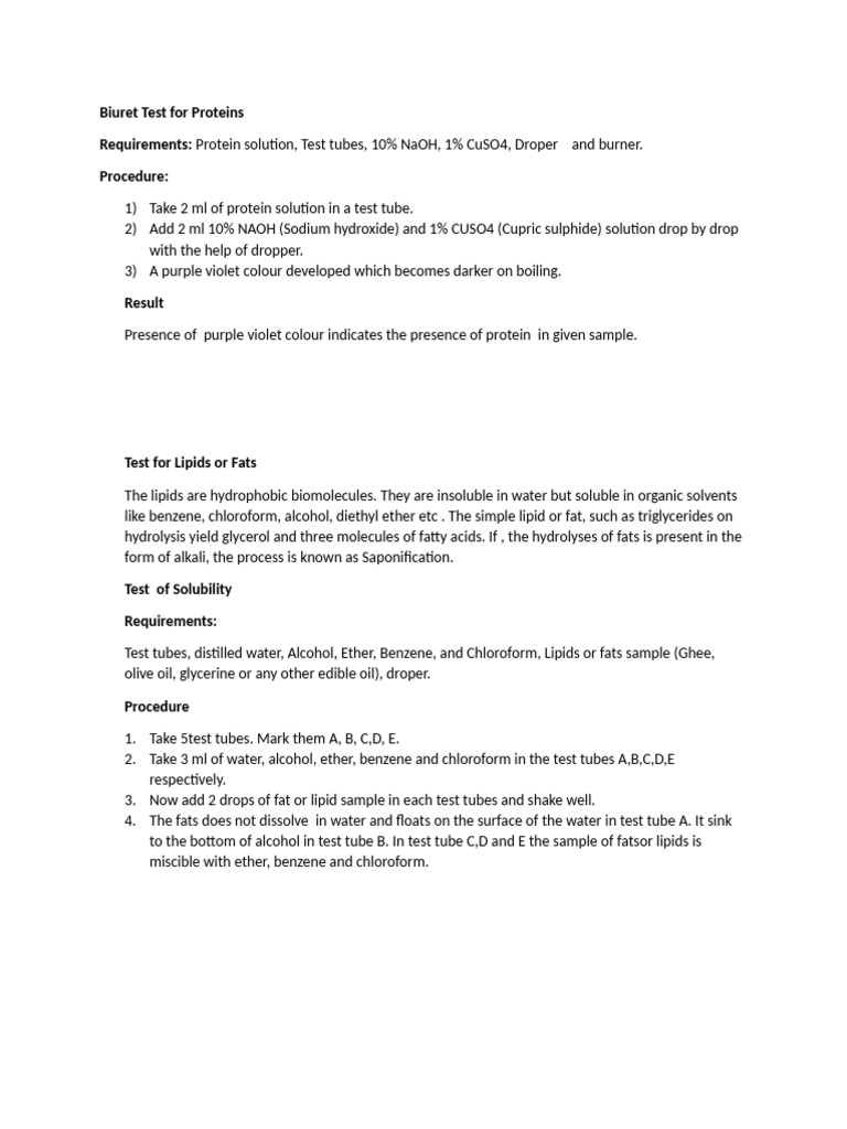 Biuret and Lipid Tests for Proteins | PDF