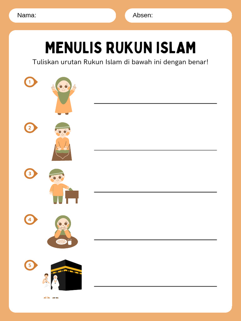 Lembar Kerja Menulis Rukun Islam Oranye Ilustrasi | PDF