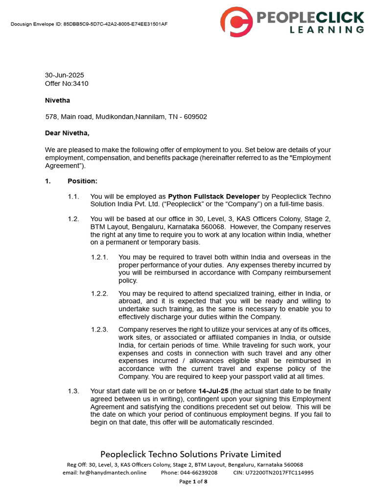 Employment Offer for Python Developer | PDF | Indemnity | Arbitration