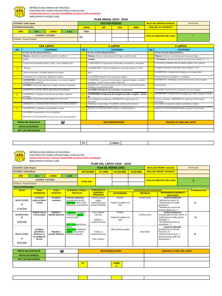 Plan Anual y de Evaluacion 2025-2026 3er Año | PDF | Geometría | Álgebra