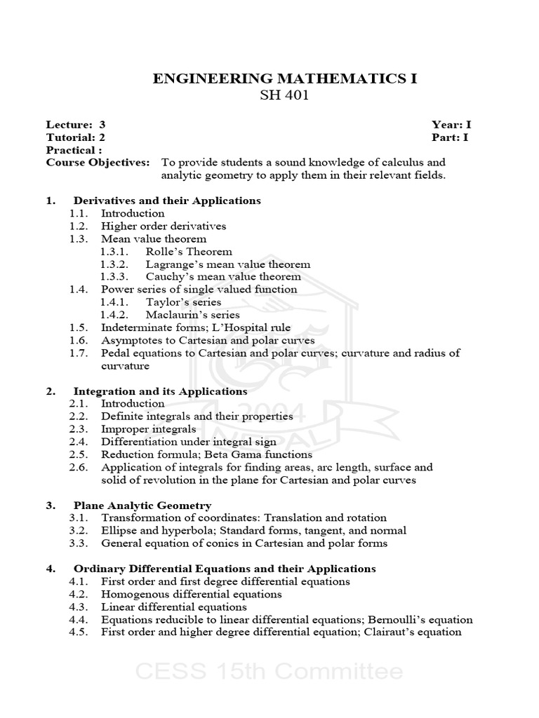 Engineering Mathematics I Course Overview | PDF | Equations ...