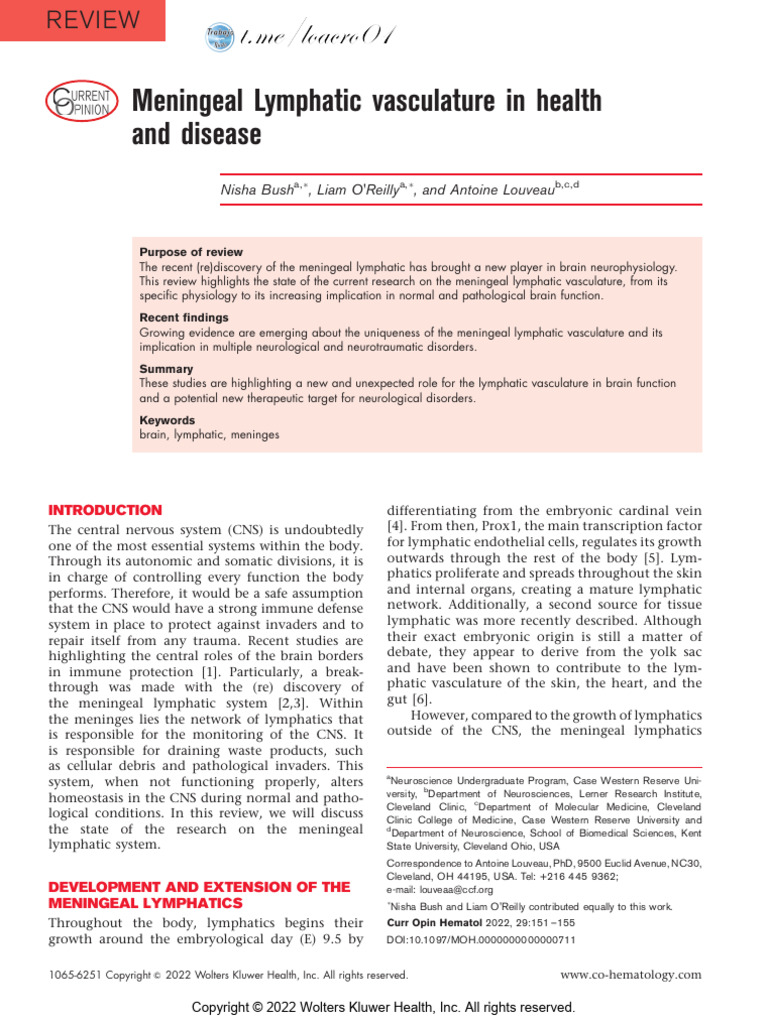 Meningeal Lymphatic Vasculature in Health and Disease | PDF | Lymphatic ...