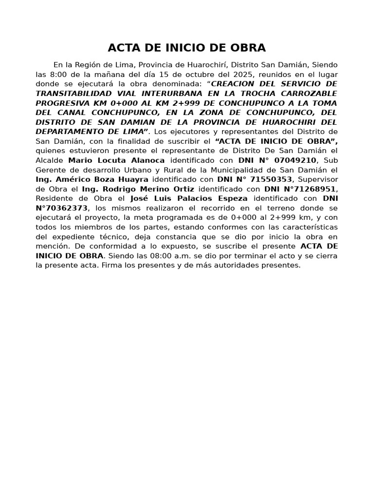 Acta de Inicio de Obra San Damian | PDF