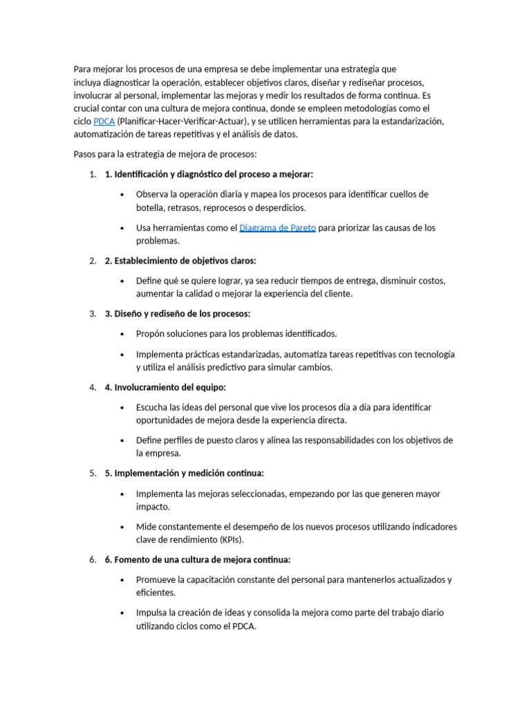 Para Mejorar Los Procesos de Una Empresa Se Debe Implementar Una ...