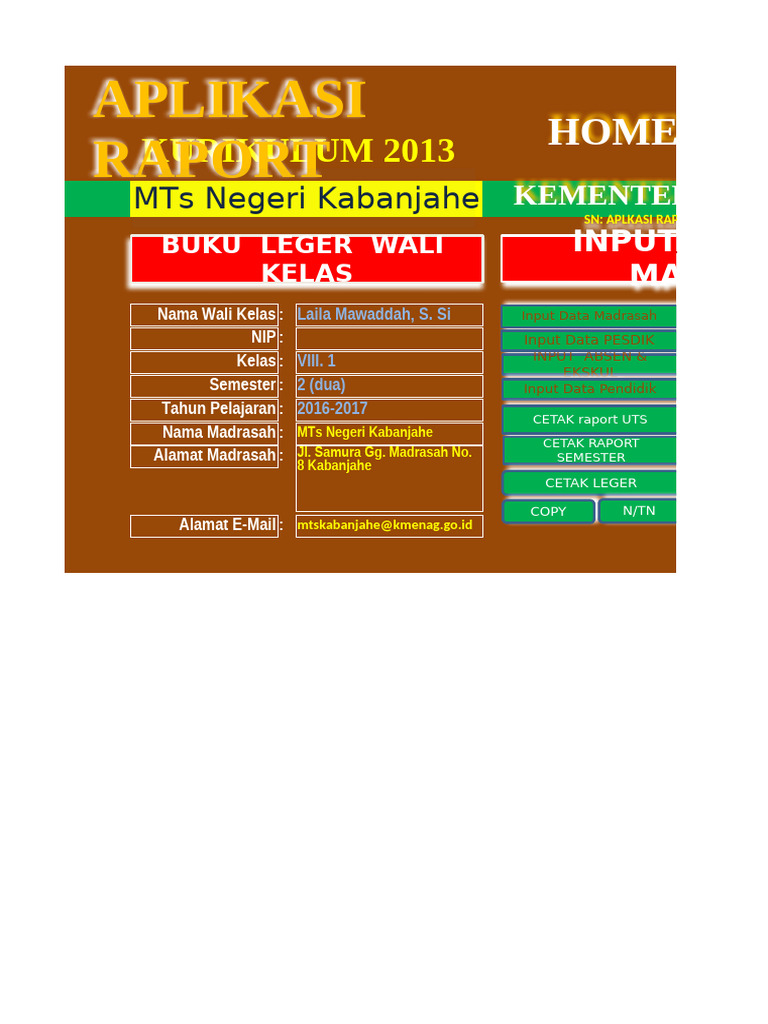 Aplikasi Raport MTs Kabanjahe 2016-2017 | PDF