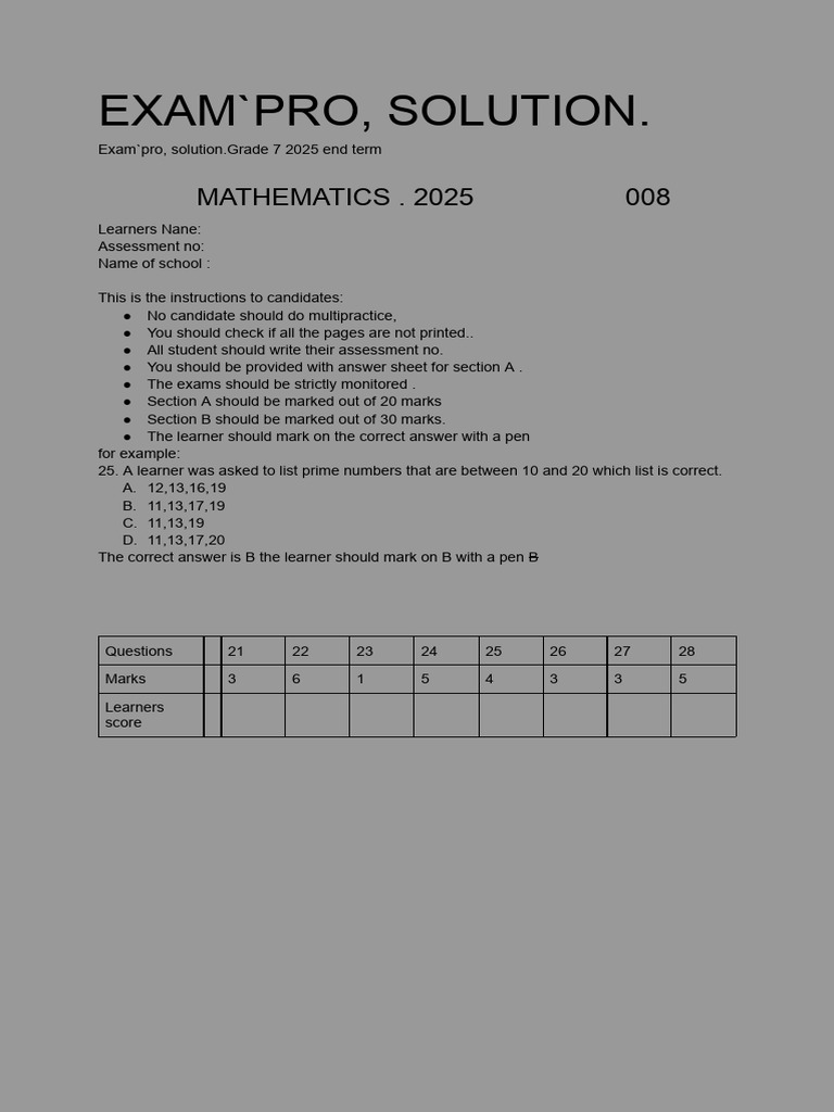 Grade 7 Mathematics Exam 2025 Guide | PDF | Area | Euclidean Geometry