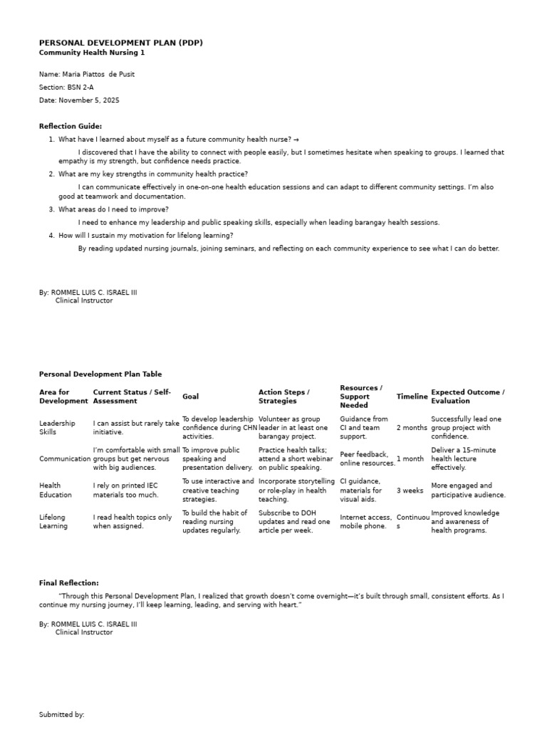 Personal Development Plan for Nursing | PDF | Leadership | Social ...