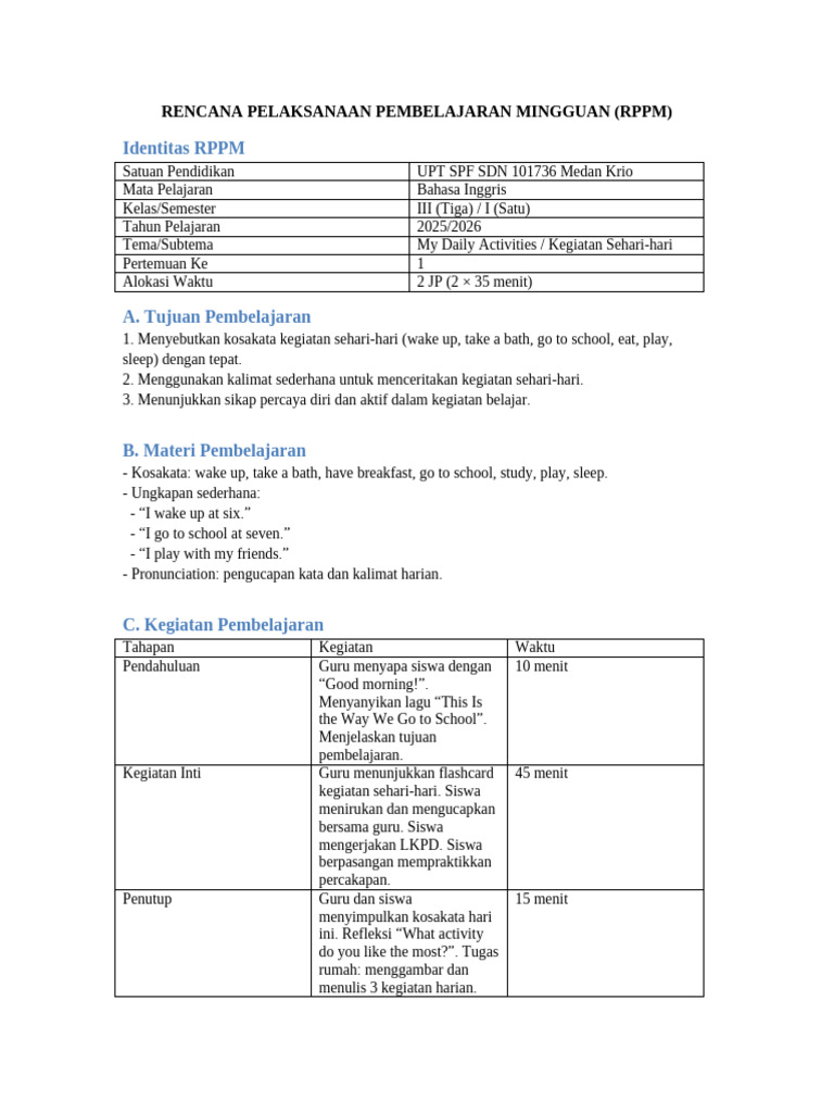 RPPM Bahasa Inggris Kelas III: Kegiatan Sehari-hari | PDF