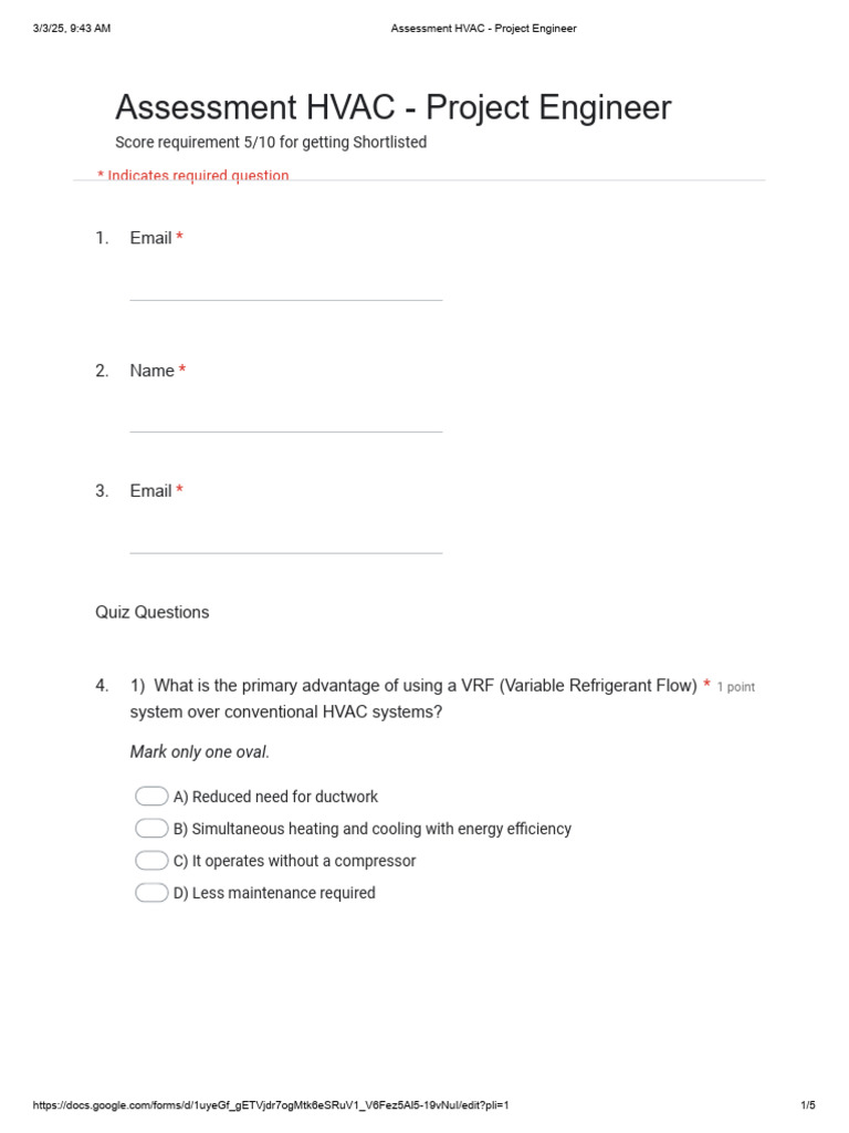 HVAC Project Engineer Assessment Quiz | PDF | Transport Phenomena ...