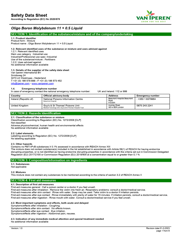 VII MSDS en TR Oligo Boron Molybdenum 1105 Liquid 2 2023 | PDF ...