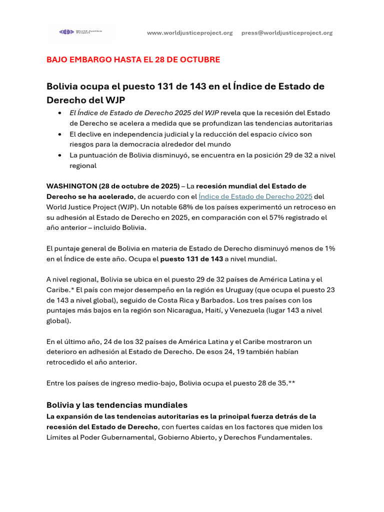 Bolivia en el Índice de Estado de Derecho 2025 | PDF | Américas | Gobierno