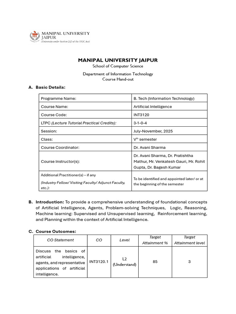AI Course Overview for B.Tech Students | PDF | Artificial Intelligence ...