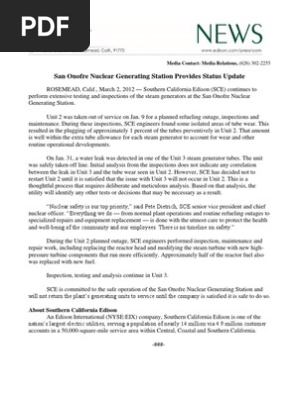 030212 - San Onofre Nuclear Generating Station Provides Status Update
