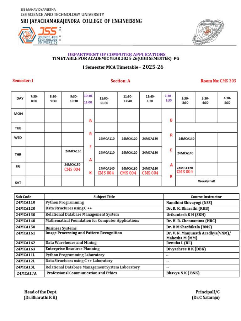 MCA 2025-26 Odd Semester Timetable | PDF | Data Management | Software ...